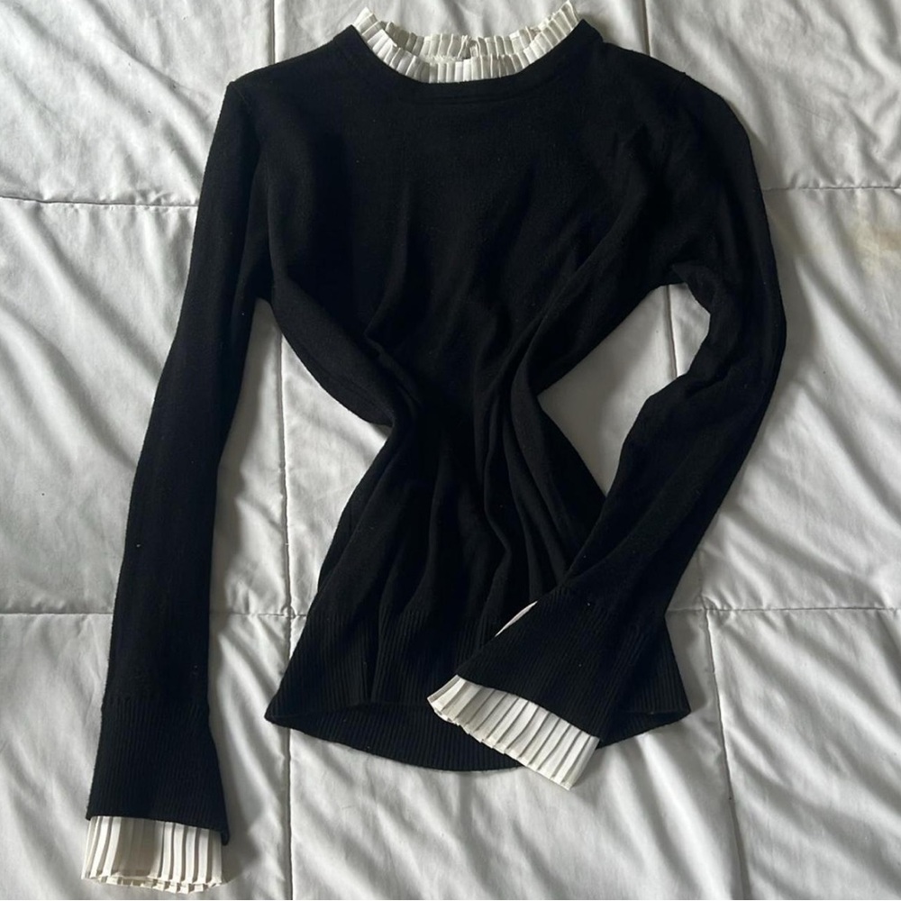 Elegant Black Long Sleeve Top with White Accents